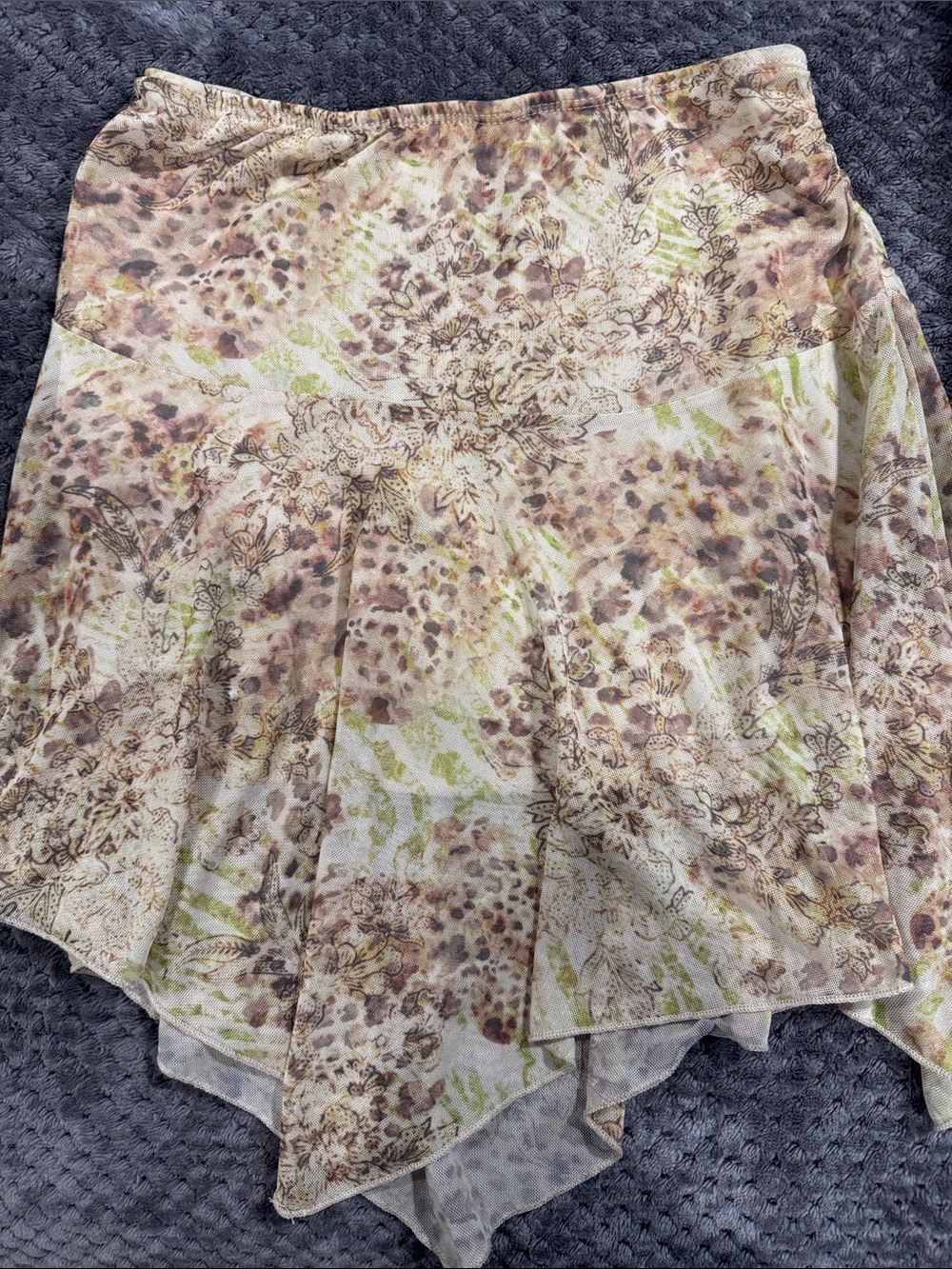 See You Monday Floral Leopard Handkerchief Hem Skirt in Cream, Tan and Green